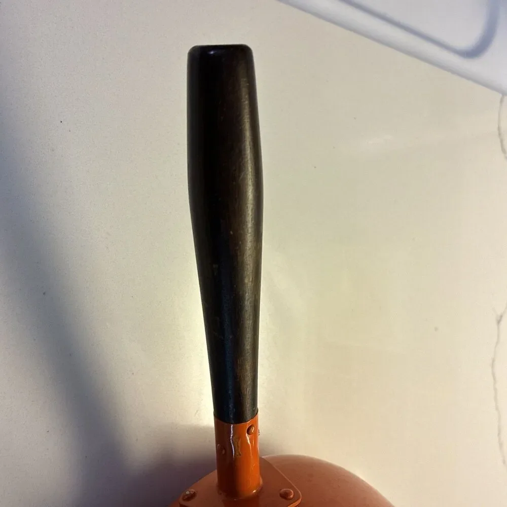 Vintage MCM Fondue Pot Orange Enamel Long Wood Handle and Lid Japan